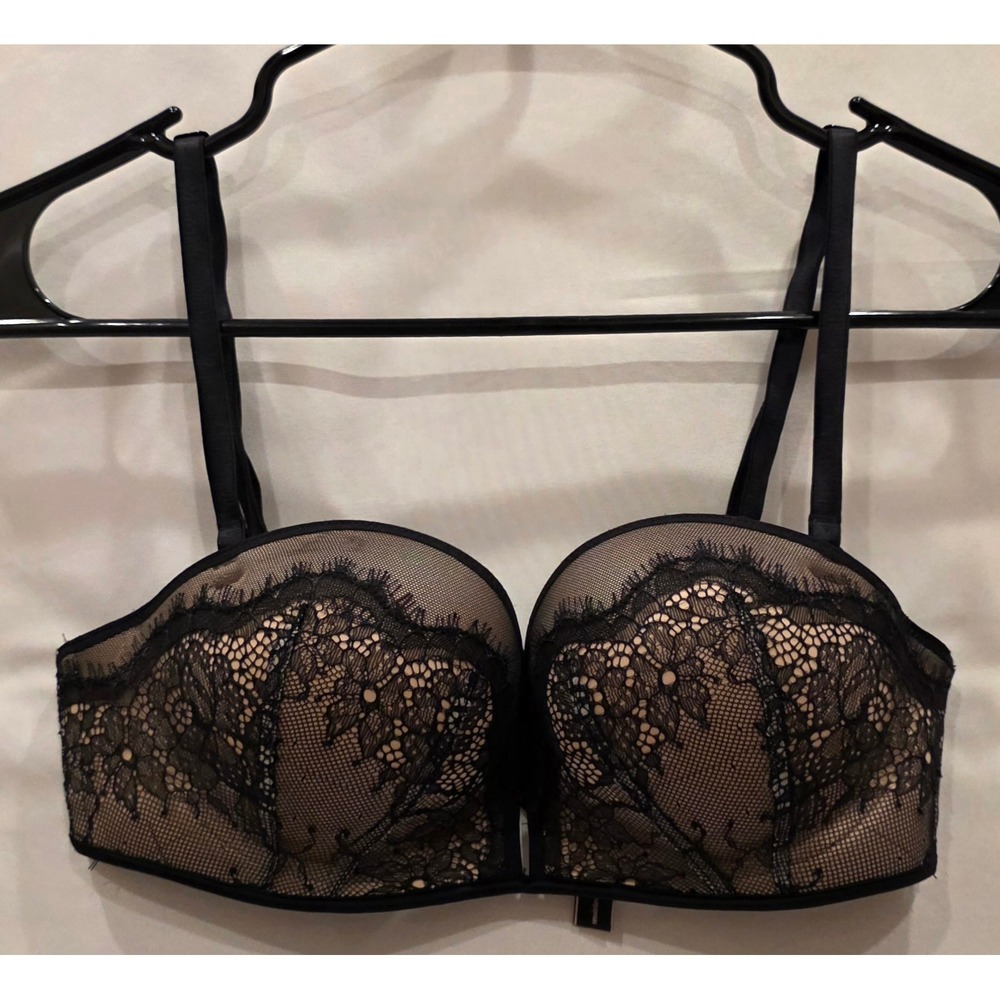 Victorias Secret Bombshell Push-Up Bra Black Lace Nude Mesh 32B Strappy Lingerie